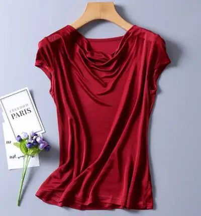 Women's Spring Summer Thin 100% Natural Silk T-Shirt Female Elastic Casual Breathable Summer Plus Size Silk Shirt Tops TB1168