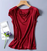 Women's Spring Summer Thin 100% Natural Silk T-Shirt Female Elastic Casual Breathable Summer Plus Size Silk Shirt Tops TB1168