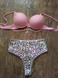 2016 Venus Vacation hot selling open hot girl push up bikini bling rhinestone swimwear with chains