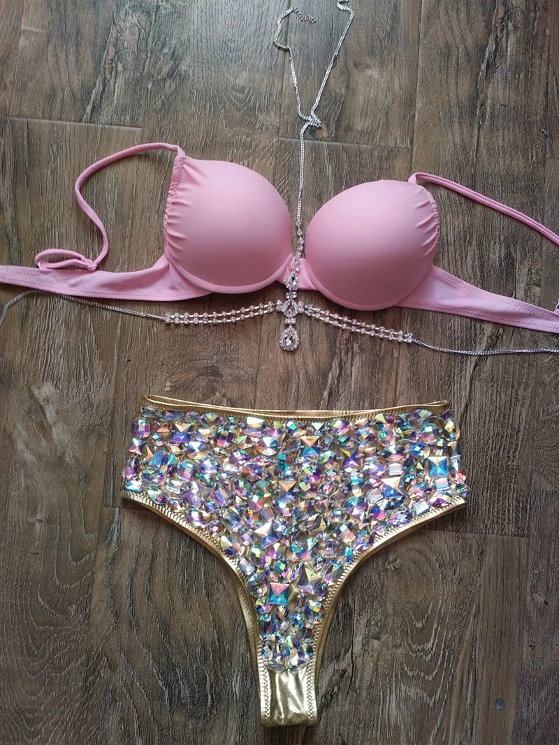 2016 Venus Vacation hot selling open hot girl push up bikini bling rhinestone swimwear with chains