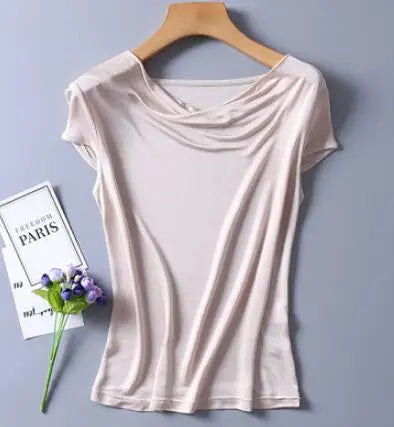 Women's Spring Summer Thin 100% Natural Silk T-Shirt Female Elastic Casual Breathable Summer Plus Size Silk Shirt Tops TB1168
