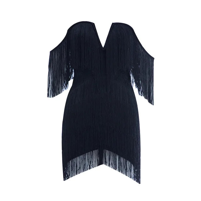Summer Women Off Shoulder Bandage Dress Sexy Strapless Tassel Night Club Celebrity Evening Party Mini Bodycon Dress Vestido