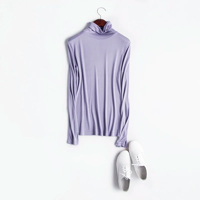 SuyaDream Women T Shirt Real Silk Basic Turtleneck Long Sleeve Solid Bottoming-Shirt FALL WINTER Green Plus Size Spandex Top