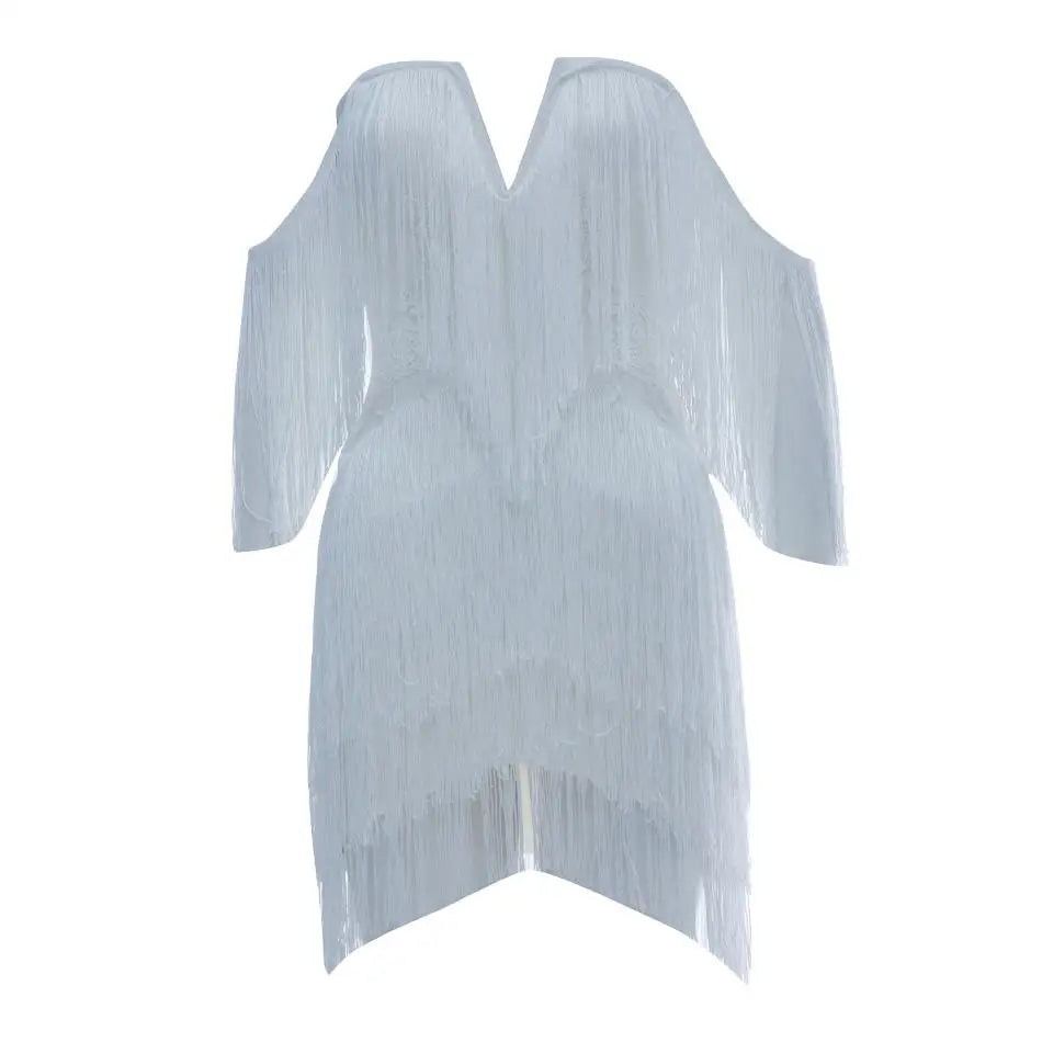 Summer Women Off Shoulder Bandage Dress Sexy Strapless Tassel Night Club Celebrity Evening Party Mini Bodycon Dress Vestido