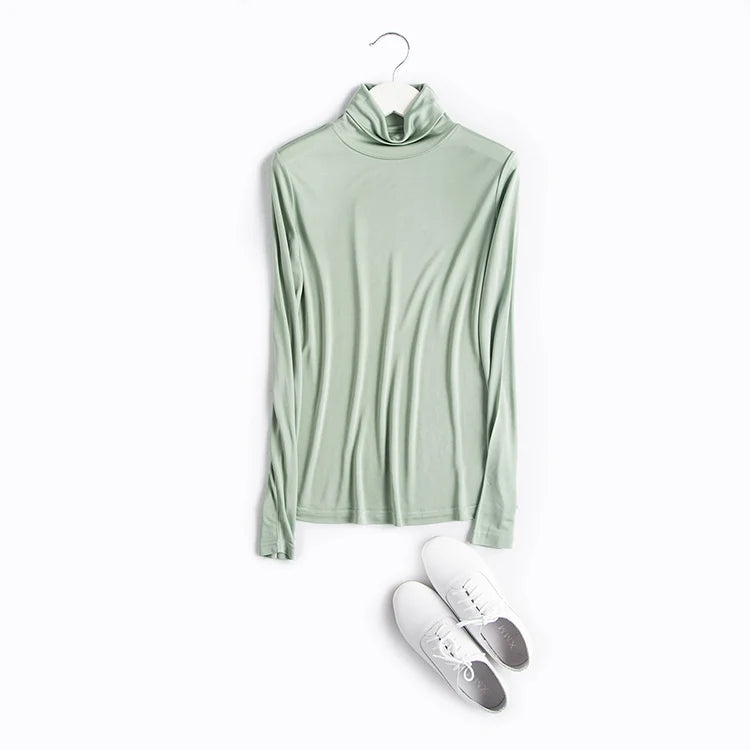 SuyaDream Women T Shirt Real Silk Basic Turtleneck Long Sleeve Solid Bottoming-Shirt FALL WINTER Green Plus Size Spandex Top