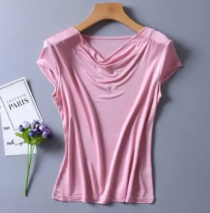 Women's Spring Summer Thin 100% Natural Silk T-Shirt Female Elastic Casual Breathable Summer Plus Size Silk Shirt Tops TB1168