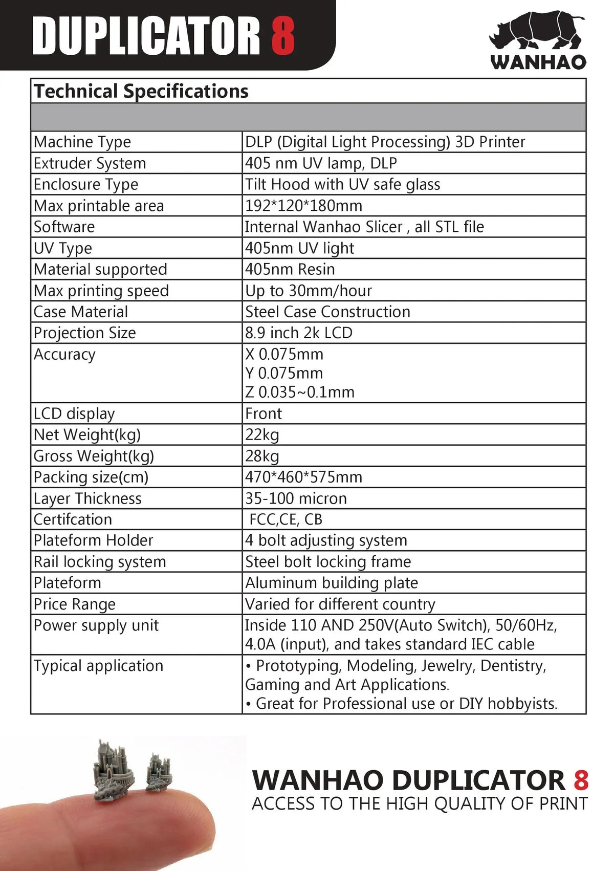 2018 WANHAO D8 big printing size with 8.9 inch 2K LCD 405nm UV lamp DLP 3D printer