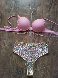 2016 Venus Vacation hot selling open hot girl push up bikini bling rhinestone swimwear with chains