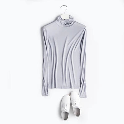 SuyaDream Women T Shirt Real Silk Basic Turtleneck Long Sleeve Solid Bottoming-Shirt FALL WINTER Green Plus Size Spandex Top
