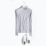 SuyaDream Women T Shirt Real Silk Basic Turtleneck Long Sleeve Solid Bottoming-Shirt FALL WINTER Green Plus Size Spandex Top
