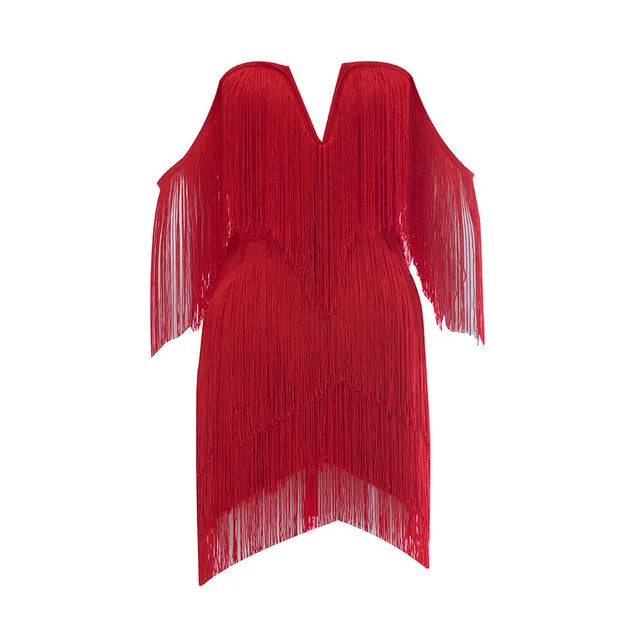 Summer Women Off Shoulder Bandage Dress Sexy Strapless Tassel Night Club Celebrity Evening Party Mini Bodycon Dress Vestido