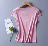 Women's Spring Summer Thin 100% Natural Silk T-Shirt Female Elastic Casual Breathable Summer Plus Size Silk Shirt Tops TB1168