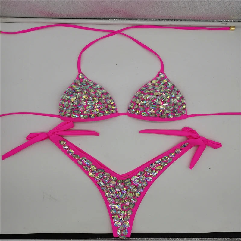 2021 Venus Vacation latest design high quality sexy girl rhinestones pink bling bikini swimwear