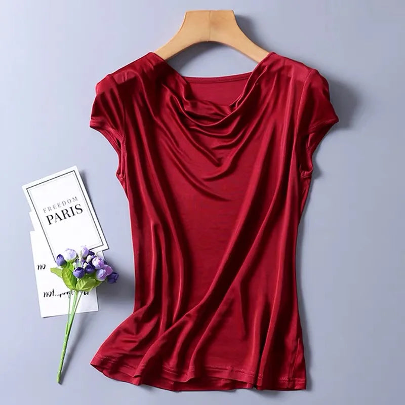 Women's 50% Silk 50% Viscose Knit Drape Neck T-Shirts top 8 colors M-2XL SJ305