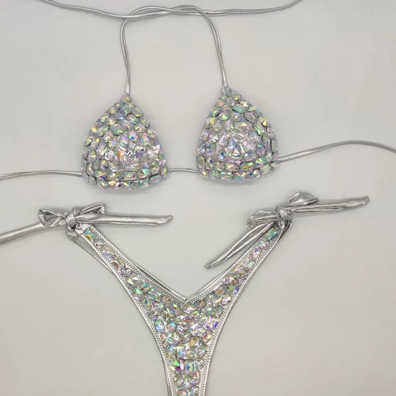 2021 Venus Vacation latest design high quality sexy girl rhinestones pink bling bikini swimwear
