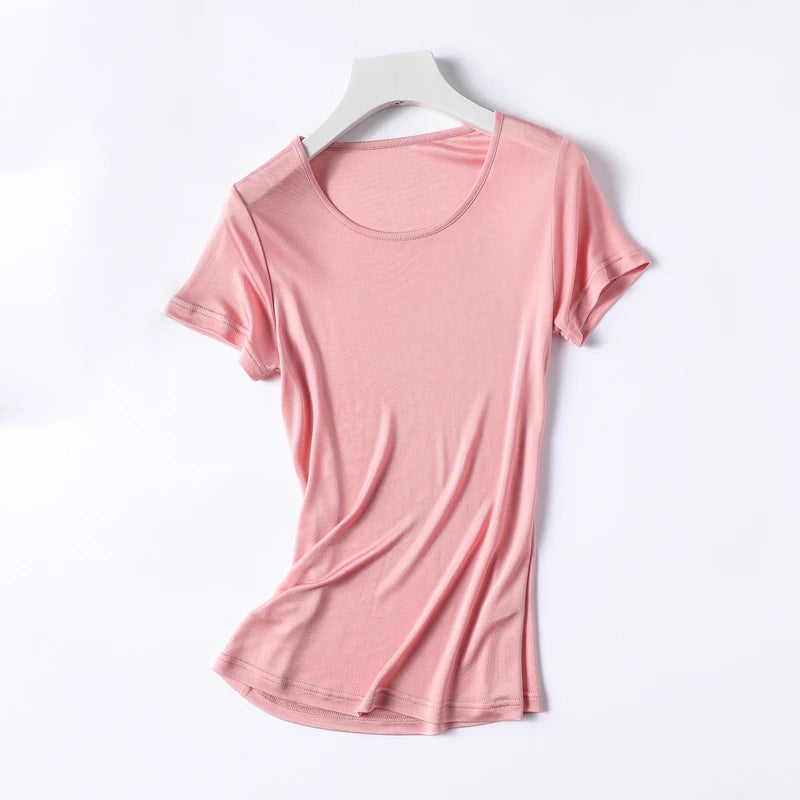 50% Natural Silk Women's T Shirts Short Sleeve Crewneck Tee Basic Casual Summer Tops