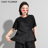 Women Black Drawstring Patchwork Split T-Shirt 2026 Summer New O-Neck Short Sleeve Loose Casual Tee Tshirt Tops Fashion Clothes