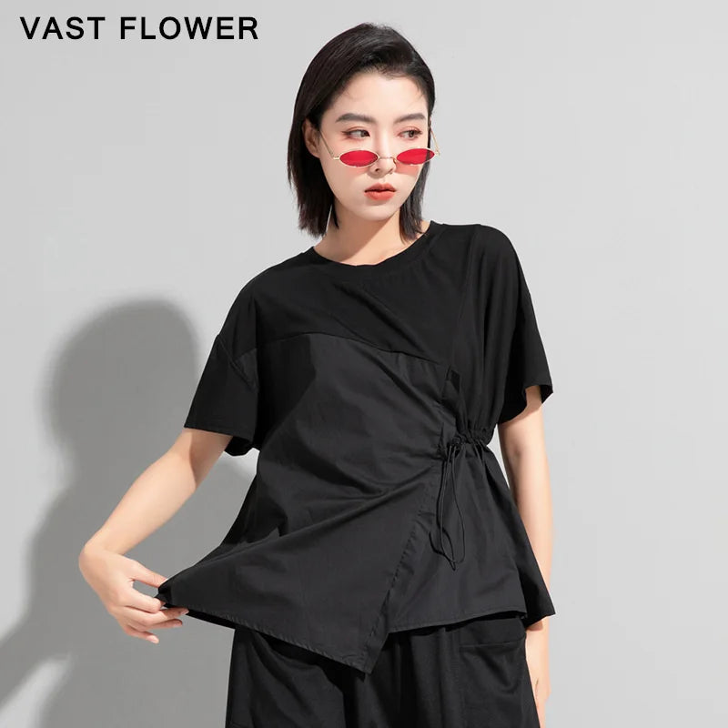 Women Black Drawstring Patchwork Split T-Shirt 2026 Summer New O-Neck Short Sleeve Loose Casual Tee Tshirt Tops Fashion Clothes