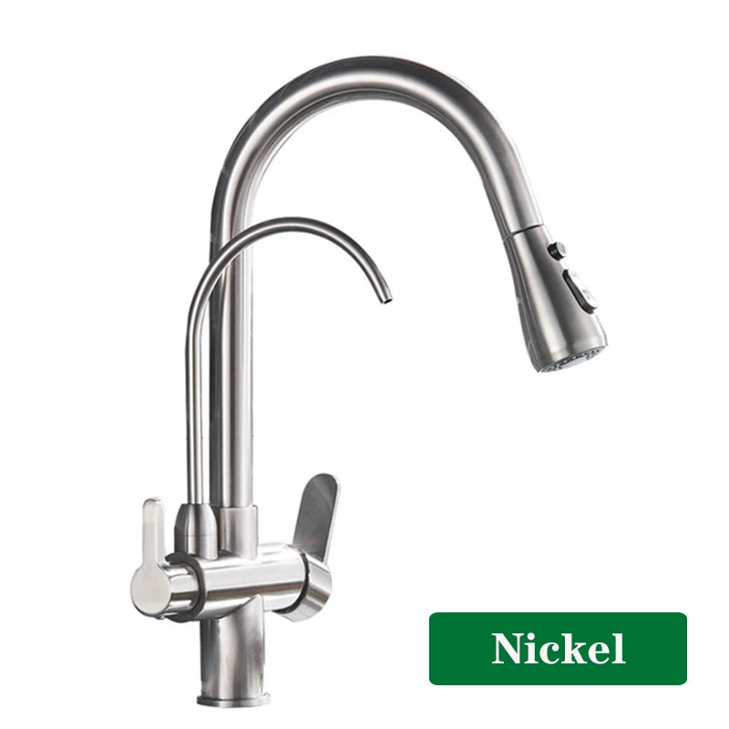 Brushed Nickel Filtered Crane For Kitchen Pull Out Spray 360 Rotation Water Filter Tap Three Ways Sink Mixer Kitchen Faucet