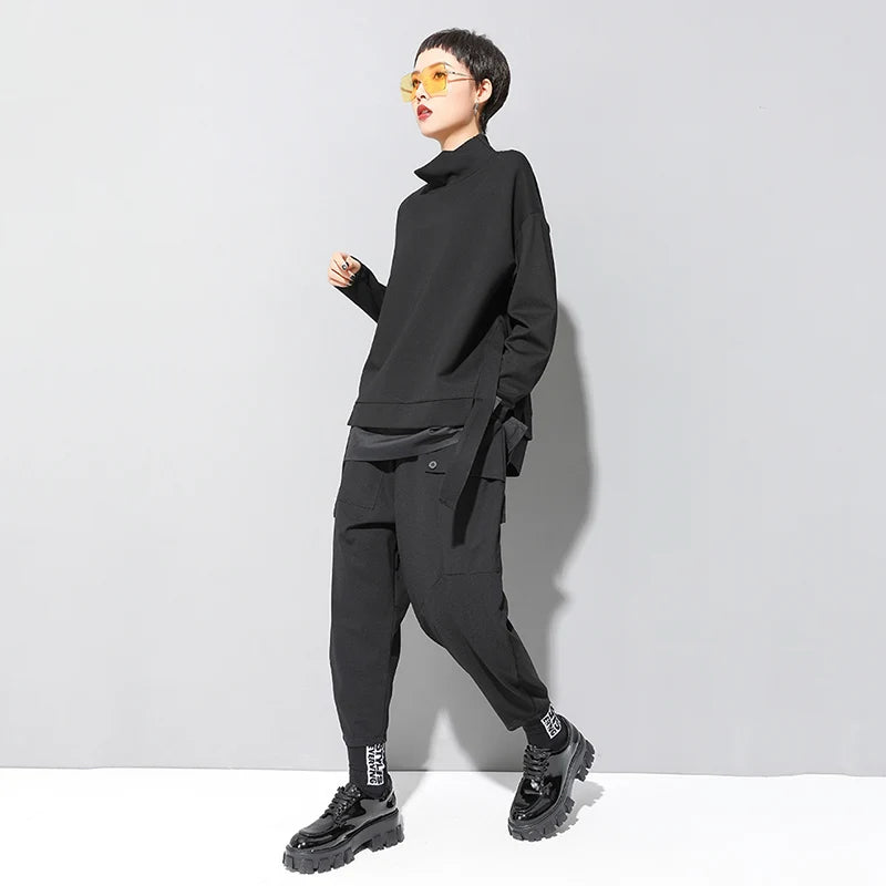 Patchwork Irregular T-Shirt Women High Collar Long Sleeve Split Loose Casual Tshirt Tops Fashion Clothes Spring Autumn 2025
