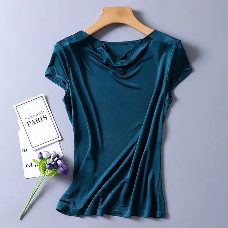Women's 50% Silk 50% Viscose Knit Drape Neck T-Shirts top 8 colors M-2XL SJ305