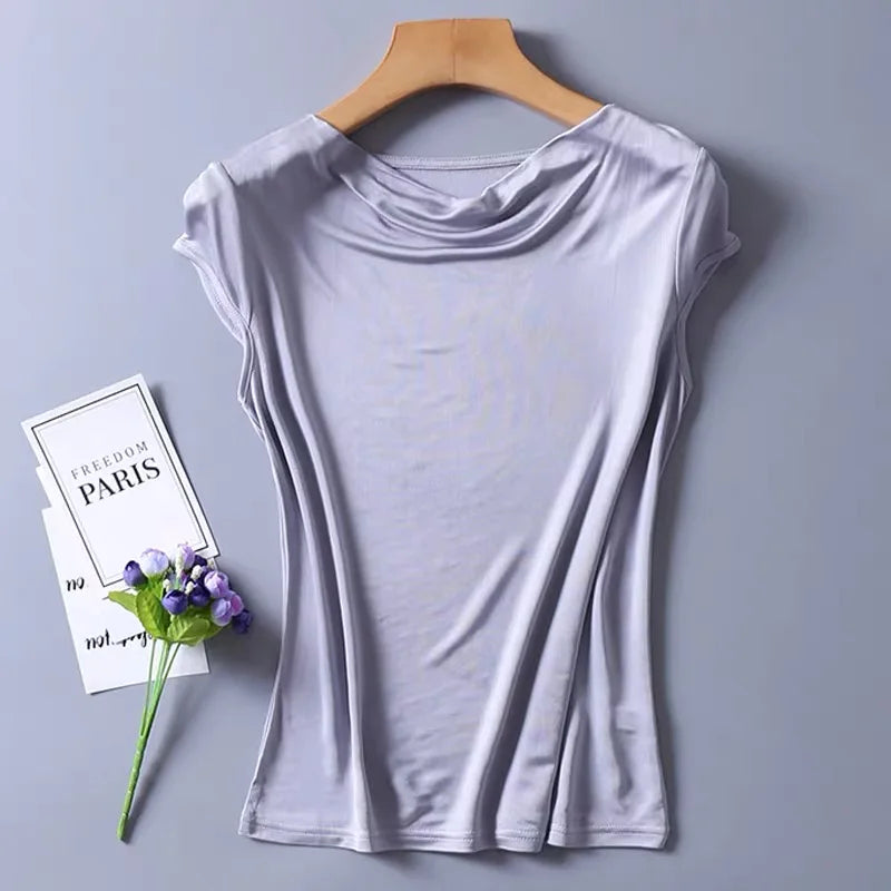 Women's 50% Silk 50% Viscose Knit Drape Neck T-Shirts top 8 colors M-2XL SJ305