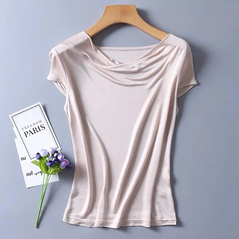 Women's 50% Silk 50% Viscose Knit Drape Neck T-Shirts top 8 colors M-2XL SJ305
