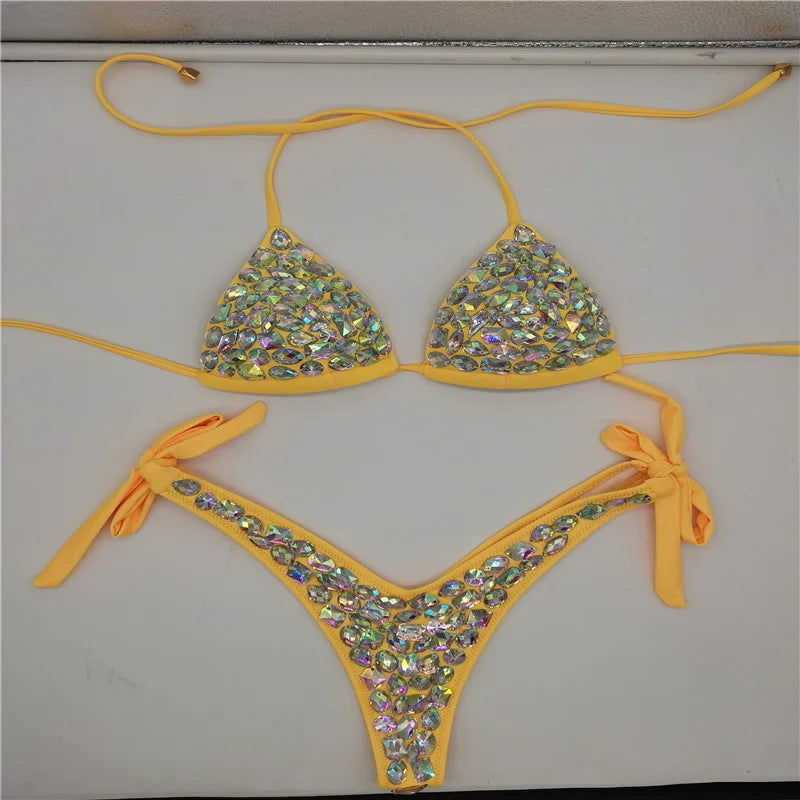 2021 Venus Vacation latest design high quality sexy girl rhinestones pink bling bikini swimwear