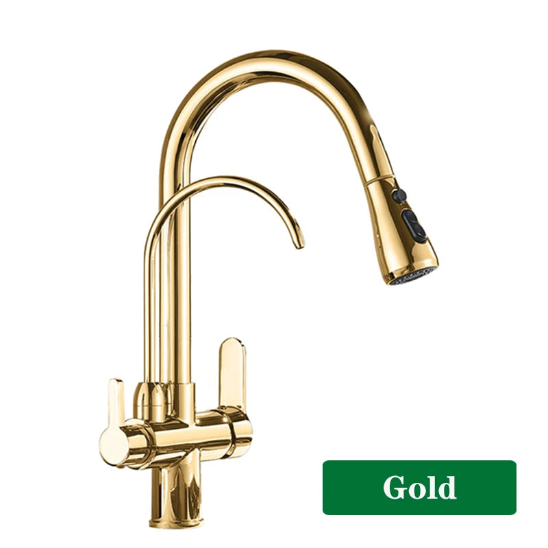 Brushed Nickel Filtered Crane For Kitchen Pull Out Spray 360 Rotation Water Filter Tap Three Ways Sink Mixer Kitchen Faucet