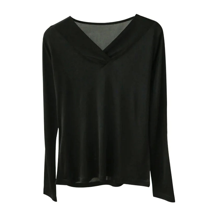 2025 Women's Fashion New Style Silk Long Sleeve V-neck Bottoming Shirt 23% Natural Mulberry Silk Warm Top