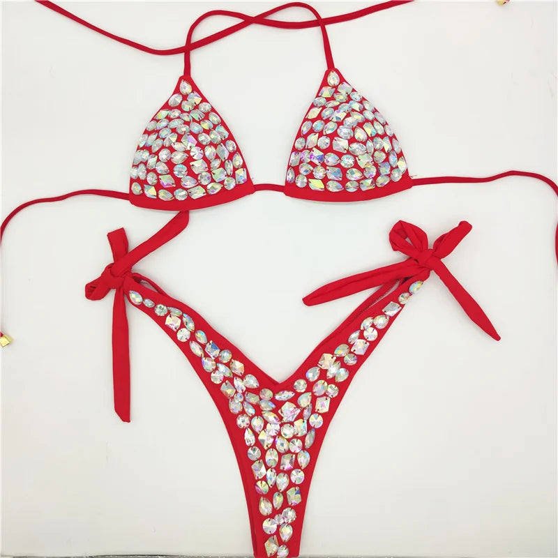 2021 Venus Vacation latest design high quality sexy girl rhinestones pink bling bikini swimwear