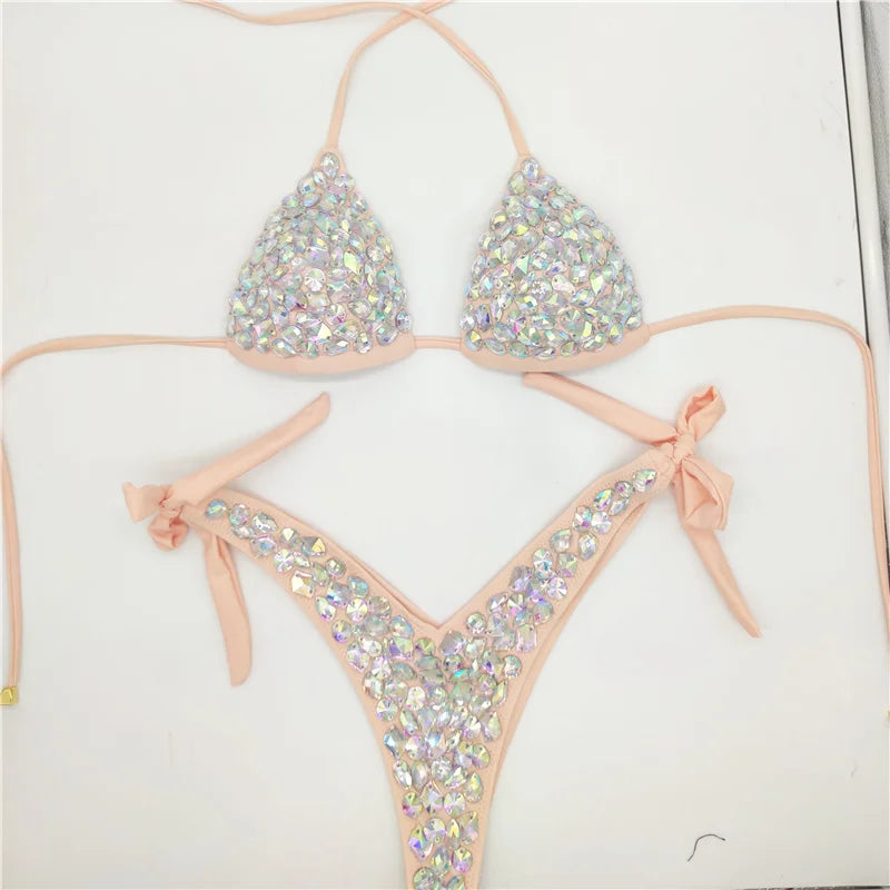 2021 Venus Vacation latest design high quality sexy girl rhinestones pink bling bikini swimwear