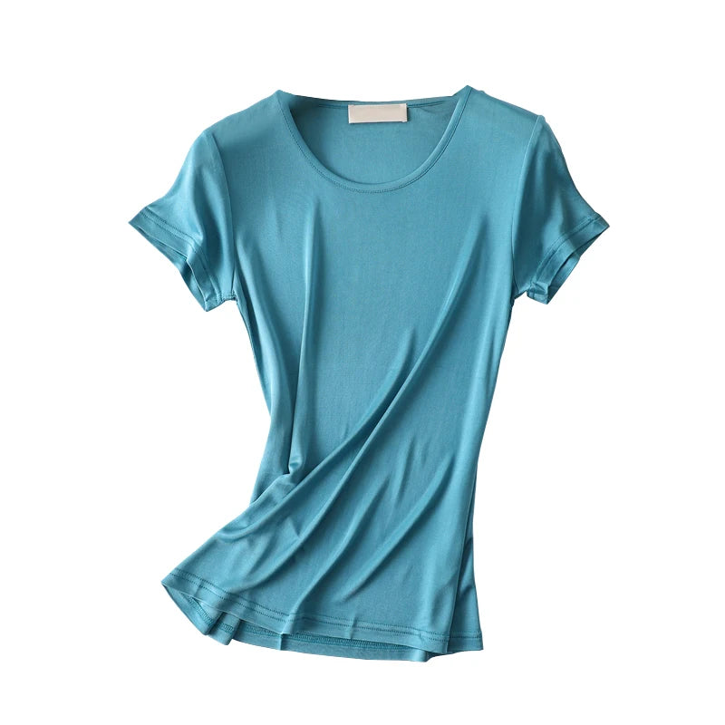 50% Natural Silk Women's T Shirts Short Sleeve Crewneck Tee Basic Casual Summer Tops