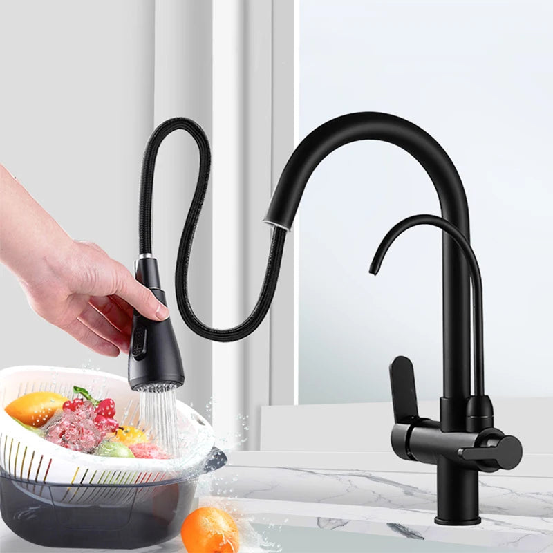 Brushed Nickel Filtered Crane For Kitchen Pull Out Spray 360 Rotation Water Filter Tap Three Ways Sink Mixer Kitchen Faucet
