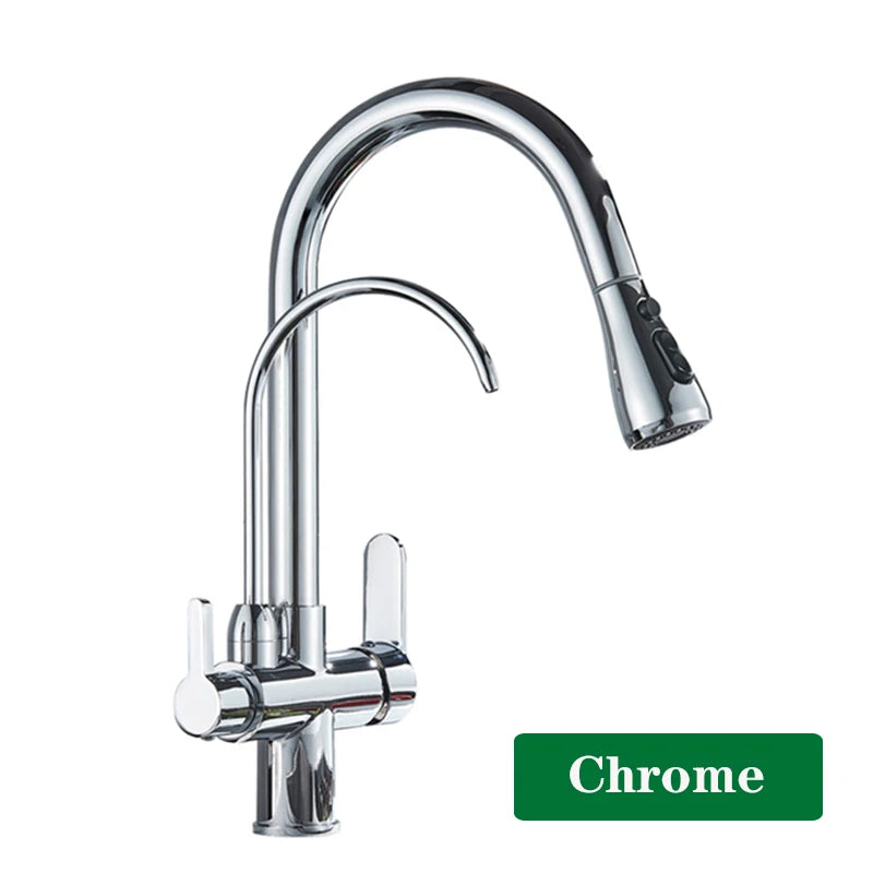 Brushed Nickel Filtered Crane For Kitchen Pull Out Spray 360 Rotation Water Filter Tap Three Ways Sink Mixer Kitchen Faucet