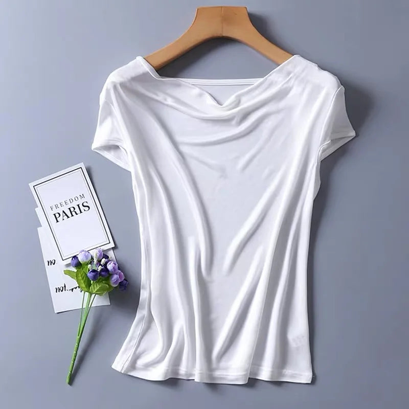 Women's 50% Silk 50% Viscose Knit Drape Neck T-Shirts top 8 colors M-2XL SJ305