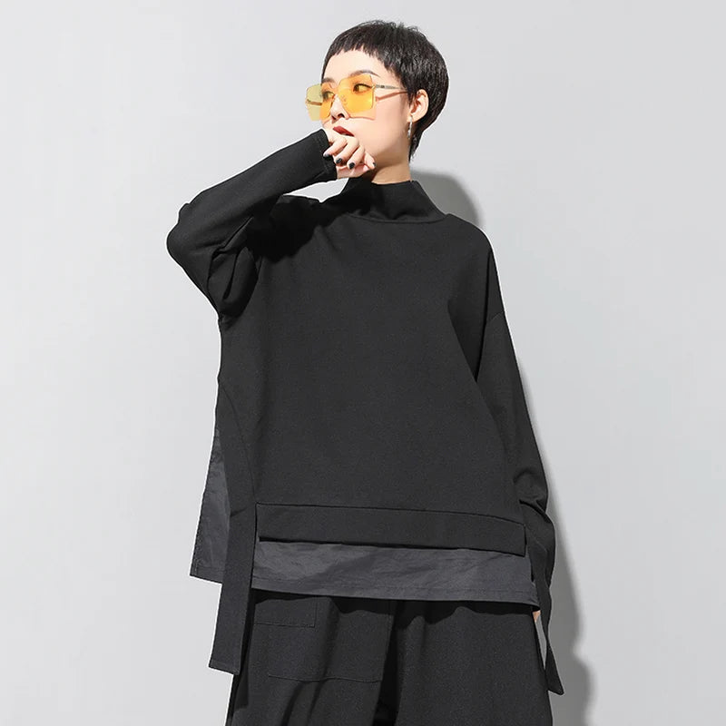 Patchwork Irregular T-Shirt Women High Collar Long Sleeve Split Loose Casual Tshirt Tops Fashion Clothes Spring Autumn 2025