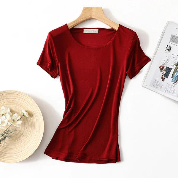 50% Natural Silk Women's T Shirts Short Sleeve Crewneck Tee Basic Casual Summer Tops