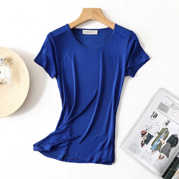 50% Natural Silk Women's T Shirts Short Sleeve Crewneck Tee Basic Casual Summer Tops