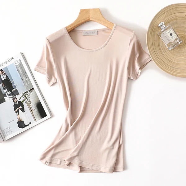 50% Natural Silk Women's T Shirts Short Sleeve Crewneck Tee Basic Casual Summer Tops
