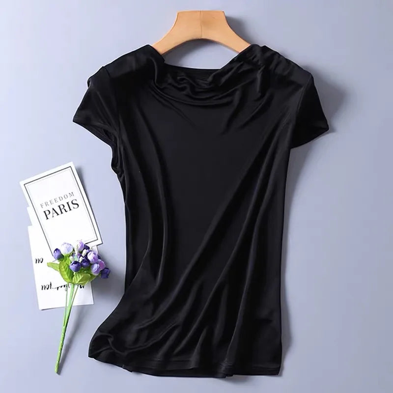 Women's 50% Silk 50% Viscose Knit Drape Neck T-Shirts top 8 colors M-2XL SJ305