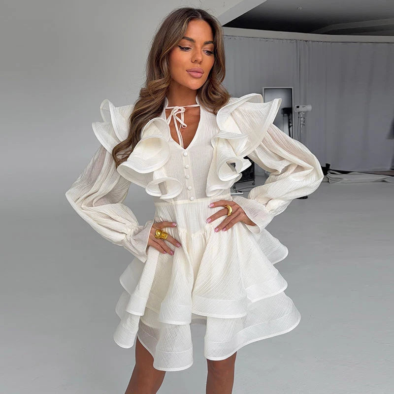 Ruffle Women Dress V Neck Waist Tie Dress Puff Sleeve Mini Dresses Layered Ruffle Hem Waist Cinching Figure Flattering