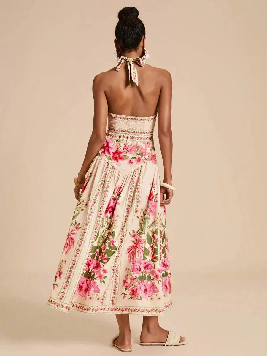 Elegant Floral Print Vacation Halter Backless Sexy Dress,Dresses For Women Summer