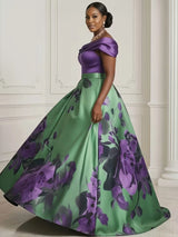 Women Plus Size Dress Off Shoulder Satin A Line Ball Gown Floral Print Formal Evening Prom Elegant Wedding Guest Maxi Dress