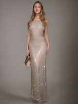 DEAT Fashion Apricot Water Diamond Slanted Shoulder Hollowed Out Sparkling Party Dress Women's Ankle-length Dresses New