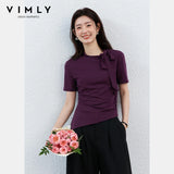VIMLY Women's Summer T-Shirt 2026 Elegant Fashion Ladies Tee Adjustable Bow Tie Asymmetrical Hem Slim Fit Short Sleeve Top A5210