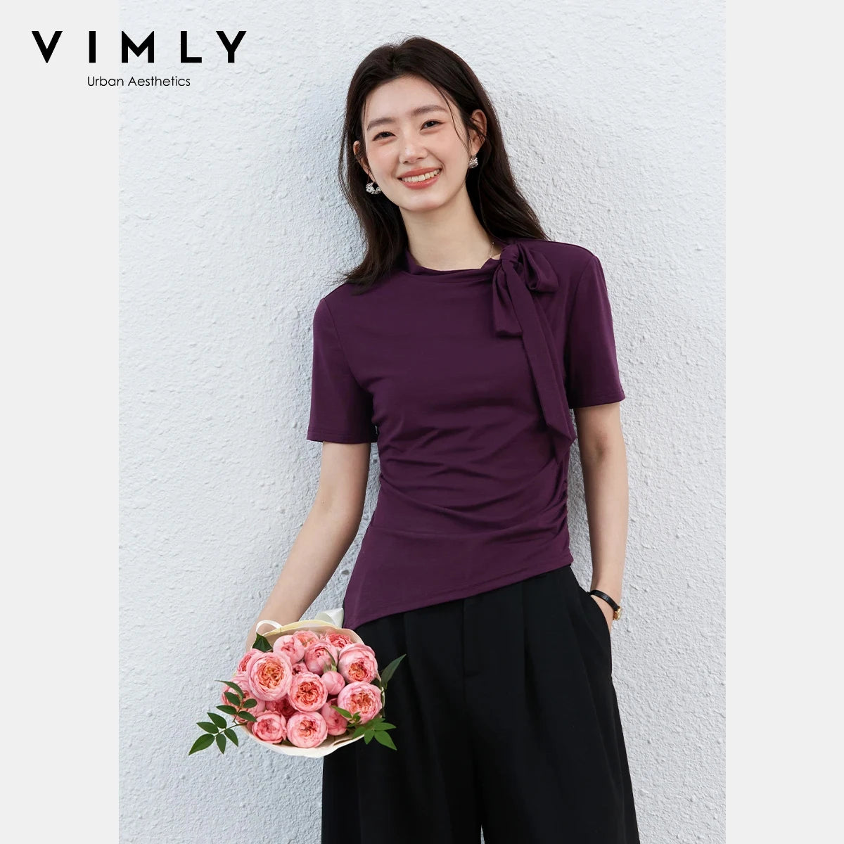 VIMLY Women's Summer T-Shirt 2026 Elegant Fashion Ladies Tee Adjustable Bow Tie Asymmetrical Hem Slim Fit Short Sleeve Top A5210