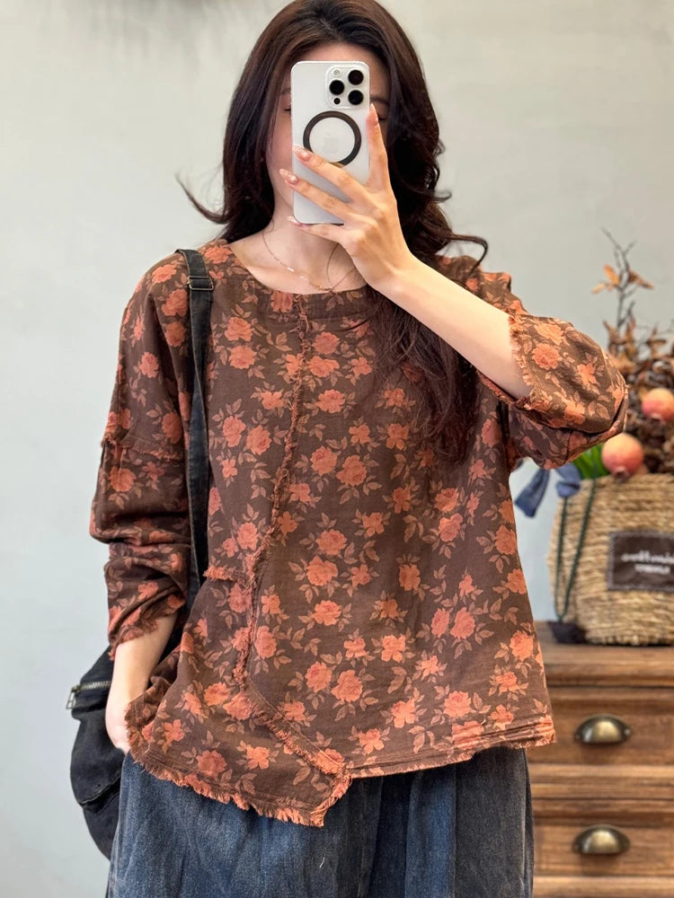 Amax LuluE 2026 Vintage Design Clothes Women Chinese Fashion Tshirts Loose Casual Floral Tops Ladies Classic Printed O Neck Tees