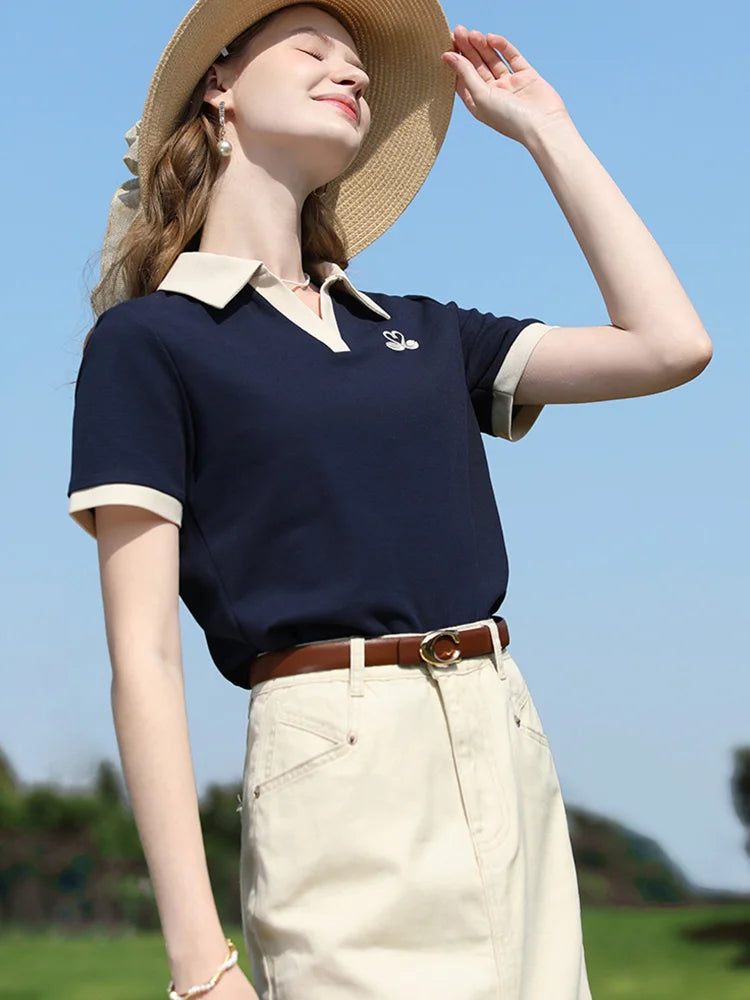 I BELIEVE YOU Blue Contrasting Polo Collar Breathable T-shirt Top Summer 2025 V-neck White Swan Embroidery Casual Tee 2252015970