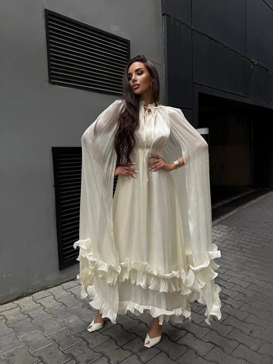 Multi-layer Ruffled Hem Sleeveless With Cape Maxi Dress Women Round Collar Lace Up Long Dresses 2026 New Evening Party Robes